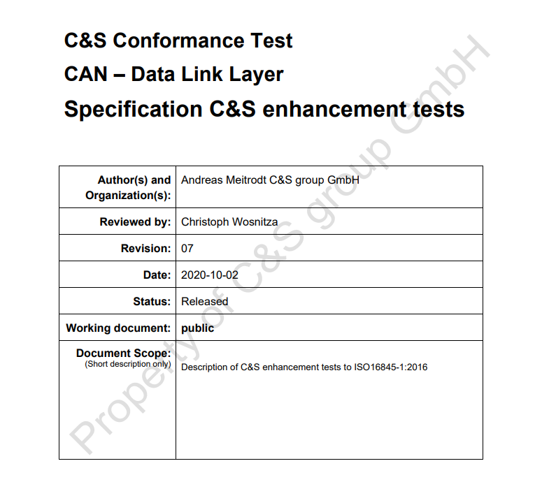 CAN – Data Link Layer, Test Specification C&S Enhancement Tests