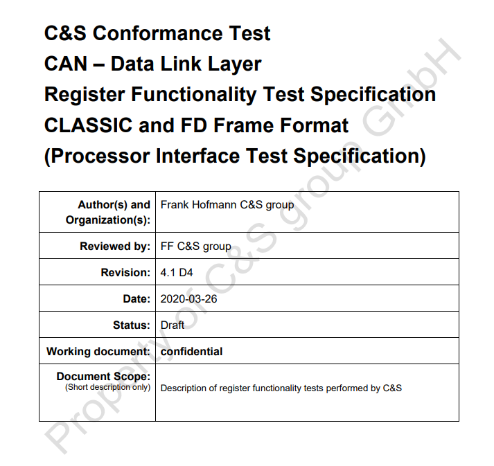 CAN – Data Link Layer, Test Specification C&S Register Functionality Tests for CLASSIC and FD Frame Format