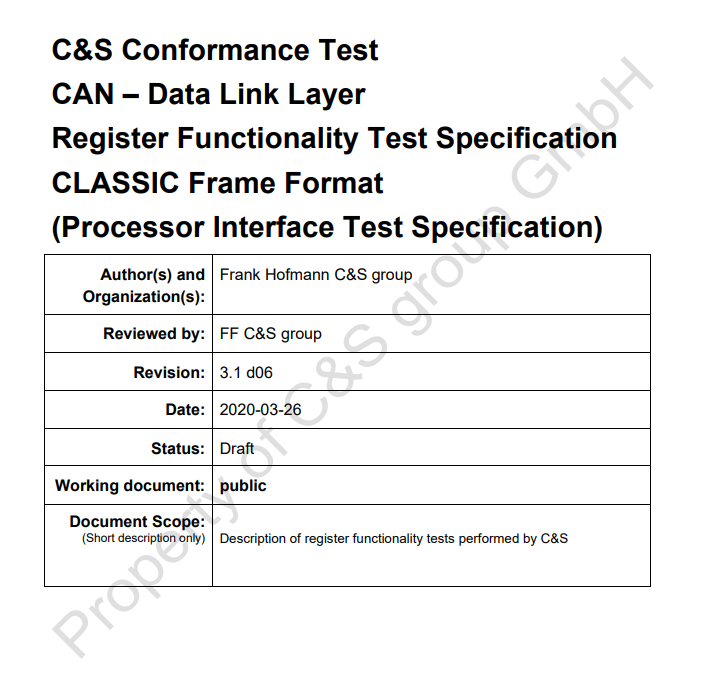 CAN – Data Link Layer, Test Specification C&S Register Functionality Tests for CLASSIC only