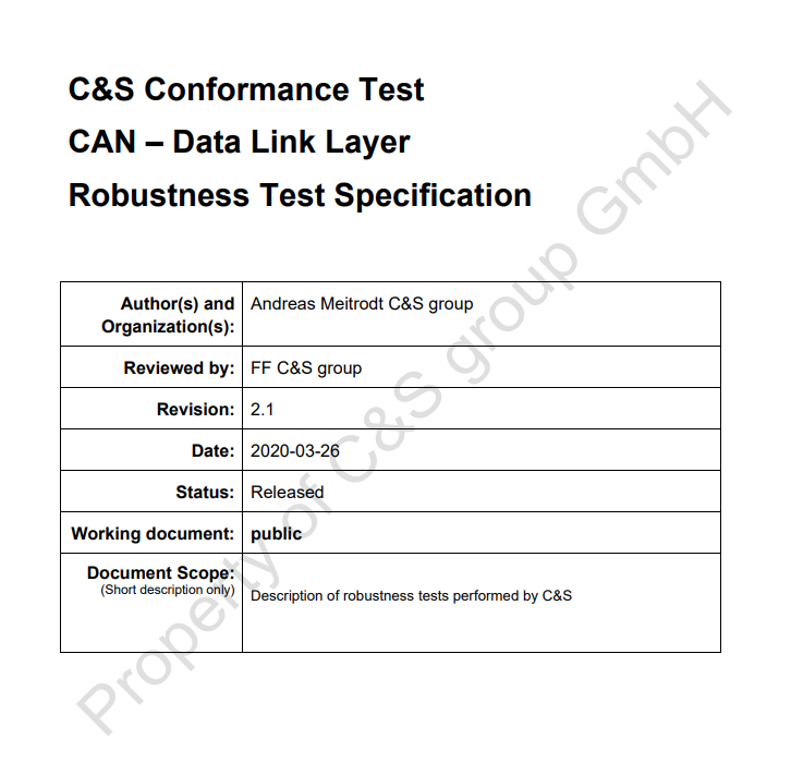 CAN – Data Link Layer, Test Specification C&S Robustness Tests